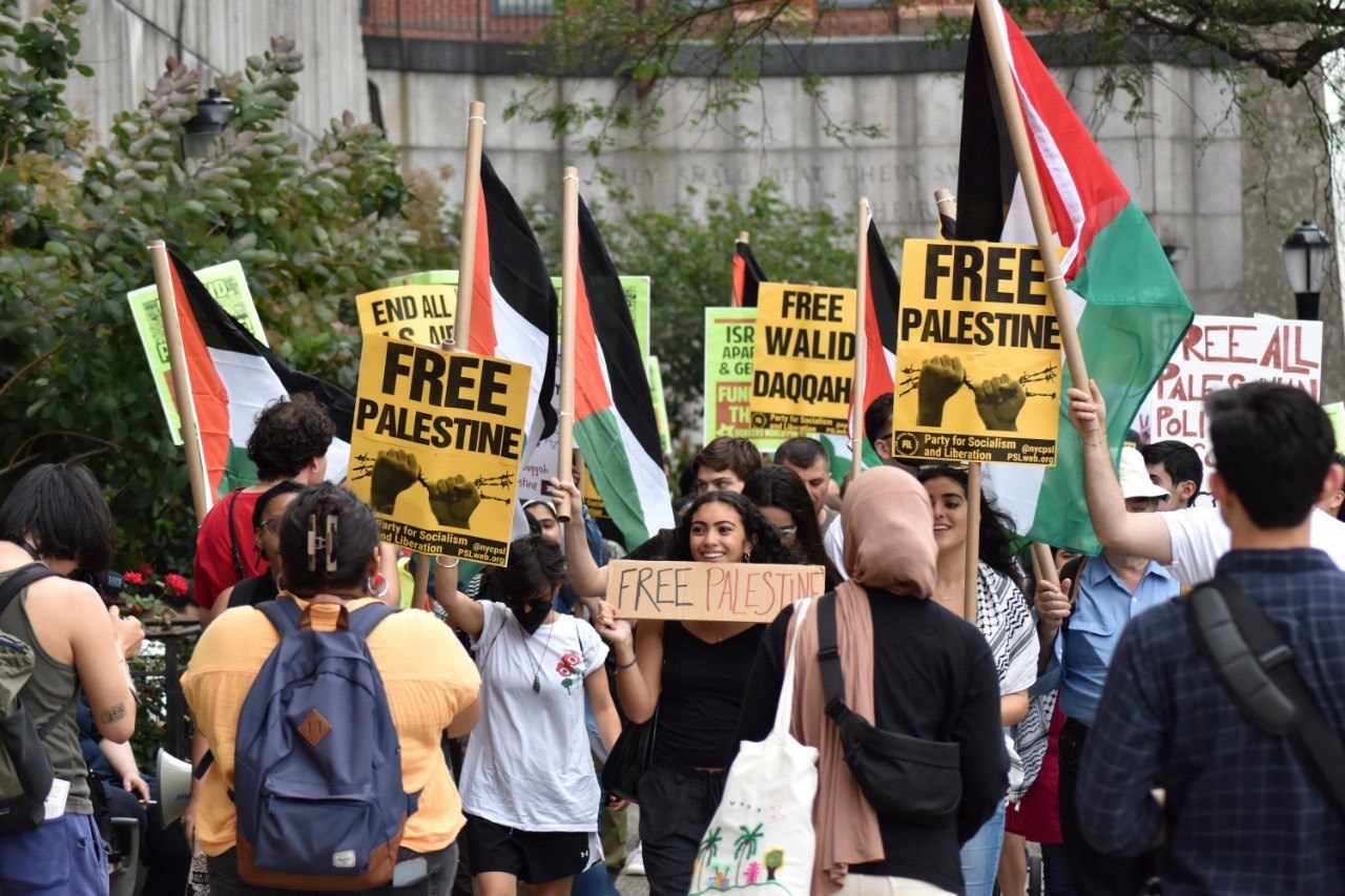 Cover photo from the Palestinian Youth Movement New York Chapter holds rally in front of UN headquarters in support of Palestinian political prisoner Walid Daqqa, in New York, US, on July 7, 2023. (Palestinian Youth Movement)