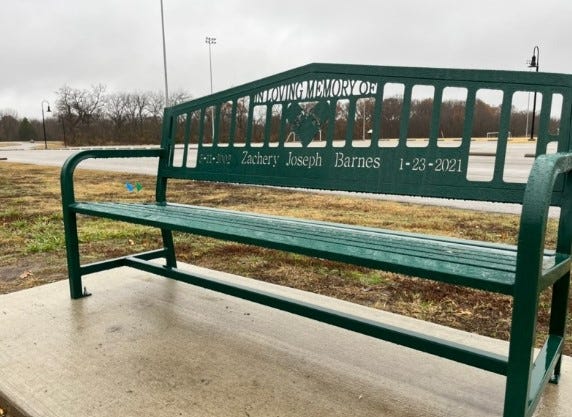A bench sponsored by Zach Sanders’ family sits at the skate park in Bartlesville where he loved to spend time as a reminder to other youth of fentanyl’s deadly effects.