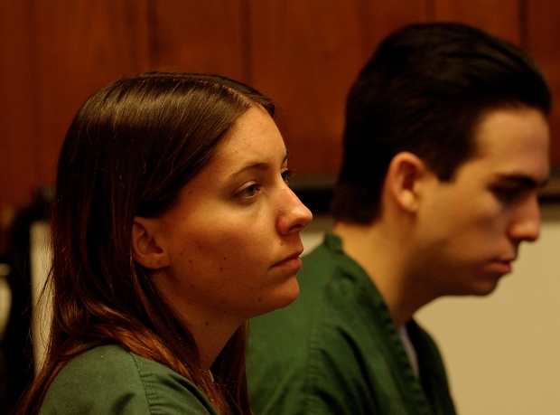 Kinzie Noordman, 20, left, and Damien Guerrero, 19, right, sit in San Bernardino Superior Court, in Redlands on Dec. 16, 2003 prior to a pretrial hearing. The two were charged with the Sept. 13, 2003, murder of Kelly Bullwinkle. (Staff file photo/The Sun)