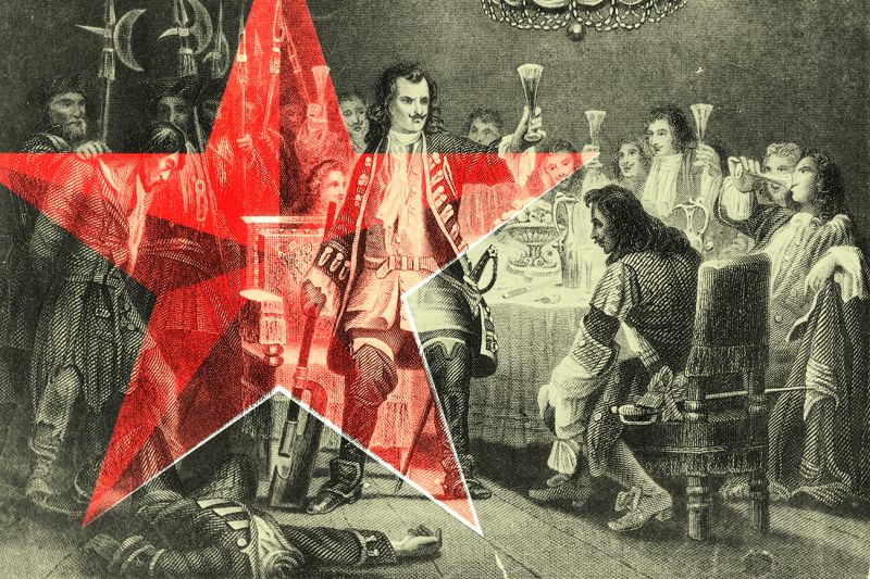 A black and white print overlaid with a red star shows Russian Tsar Peter the Great holding up a glass in a toast after beheading one of the Streltsy rebels in front of his nobles. A headless figure rests on the ground and other people surround the tsar with lifted glasses.