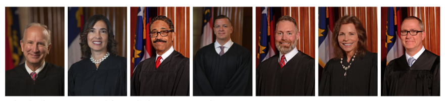 The North Carolina Supreme Court Justices: Chief Justice Paul Newby, Associate Justice Anita Earls, Associate Justice Michael Morgan, Associate Justice Phil Berger Jr., Associate Justice Richard Dietz, Associate Justice Tamara Barringer and Associate Justice Trey Allen.