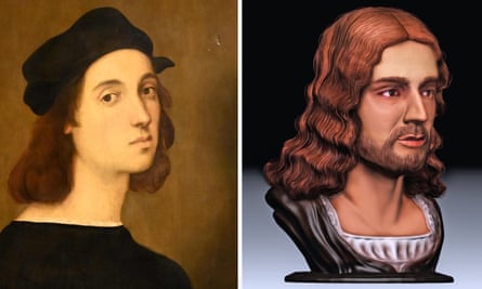 A self portrait by Raphael beside a 3D facial reconstruction.