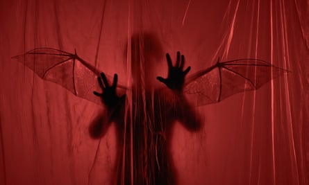 a person with bat wings behind a gauzy red curtain