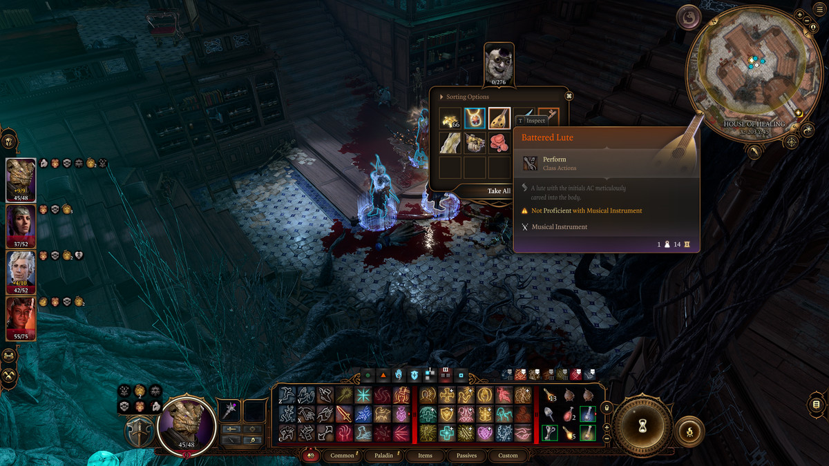 The player character loots a Battered Lute from an evil surgeon in Baldur’s Gate 3