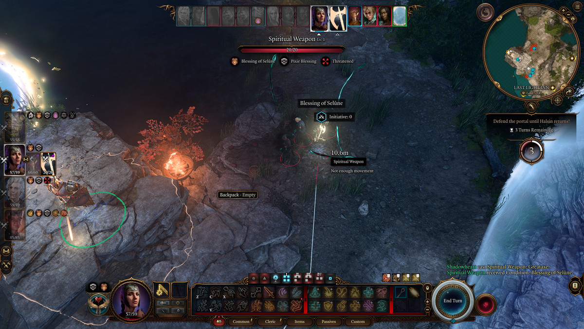The player battles a large group of undead enemies while defending a portal in Baldur’s Gate 3