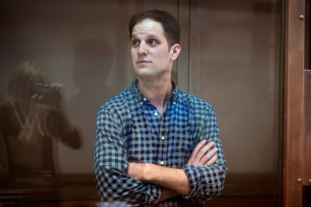 PHOTO: Wall Street Journal reporter Evan Gershkovich stands in a glass cage in a courtroom at the Moscow City Court, in Moscow, April 18, 2023.