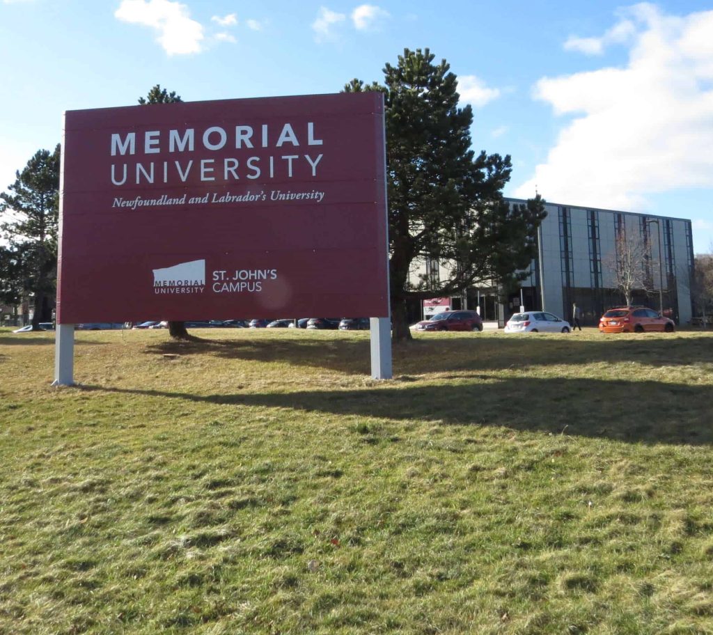 The Memorial University St. John's Campus sign on Prince Philip Drive as seen on a sunny day.