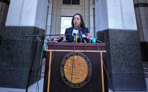 In a press conference on the steps of the Orange County Courthouse, Orange-Osceola State Attorney Aramis Ayala announced that her office would no longer pursue the death penalty as a sentence in any case brought before the Ninth Judicial Circuit of Florida, Thursday, March 16, 2017. (Joe Burbank/Orlando Sentinel) 2578720