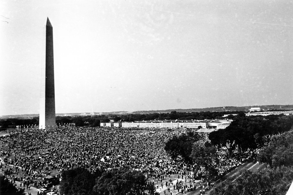 FILE - Civil rights demonstrators gather on the Washington Monument grounds in Washington Aug....