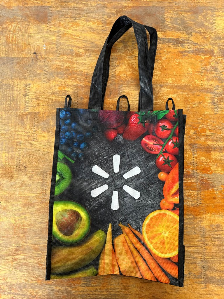 A reusable shopping bag that former inmate said was made in a factory on prison grounds.