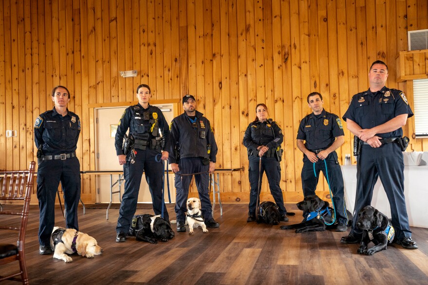 Along with Officer Heather McClelland and K-9 Chase, five other officers and their K9 partners stand to receive their Peer Support Award at the Crisis Intervention Team Awards. They worked as a team after the attack on Bristol police officers, coordinating shifts to ensure some dogs were always present at the Bristol Police Department to comfort grieving officers and the families of the fallen. From left to right: Officer Heather McClelland with K-9 Chase from Groton Police; Sgt. Danielle Durette with K-9 Indy from Naugatuck Police; Officer Anthony Gaudino with K-9 Kady from Hartford Police; Sgt. Cynthia Torres with K-9 Jules from Southern Connecticut State University Police; Officer Eric Fredericks with K-9 Hodges from Waterford Police; and Officer Jay Bodell with K-9 Bear from Middletown Police.