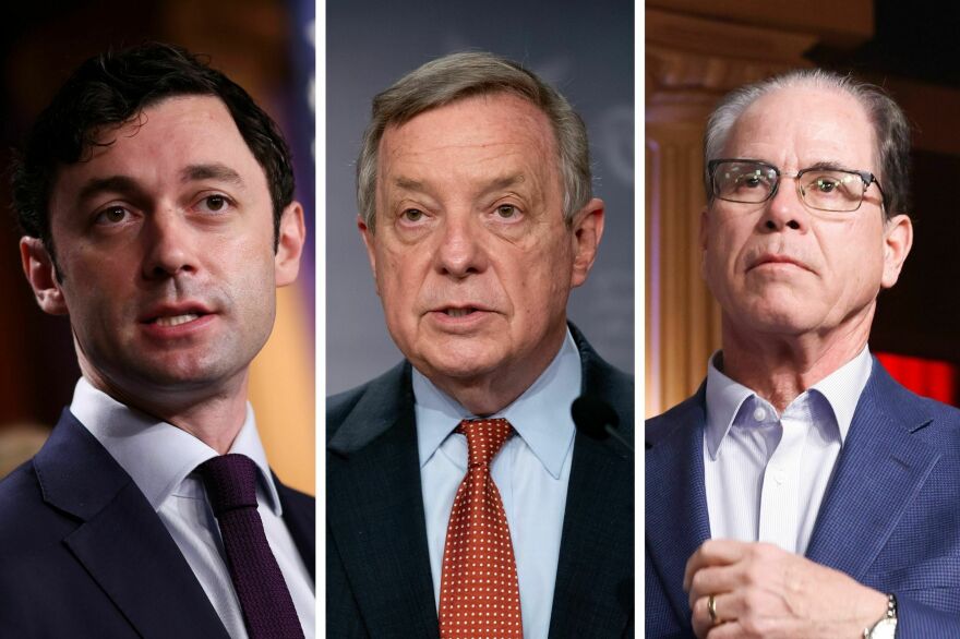 Sen. Jon Ossoff, D-Ga., (left); Sen. Dick Durbin, D-Ill.; and Sen. Mike Braun, R-Ind., introduced the Federal Prison Oversight Act, which would require the Justice Department's Office of the Inspector General to conduct inspections of prisons and establish an ombudsman in the department.