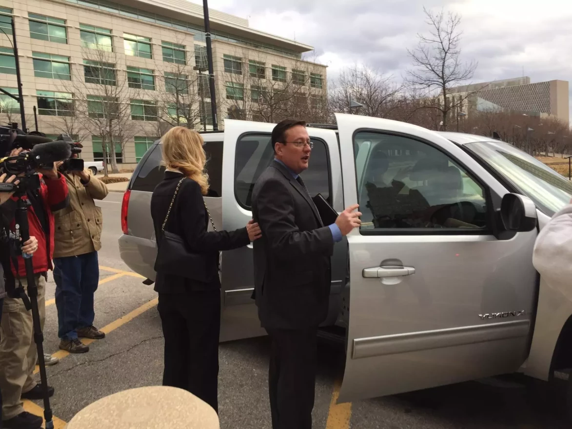 Former Jackson County executive Mike Sanders leaves the federal courthouse in downtown Kansas City after pleading guilty to wire fraud.