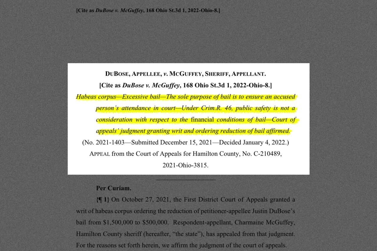  A ruling with highlighted text reading: “Habeas corpus—Excessive bail—The sole purpose of bail is to ensure an accused person’s attendance in court—Under Crim.R. 46, public safety is not a consideration with respect to the financial conditions of bail—Court of appeals’ judgment granting writ and ordering reduction of bail affirmed.” 