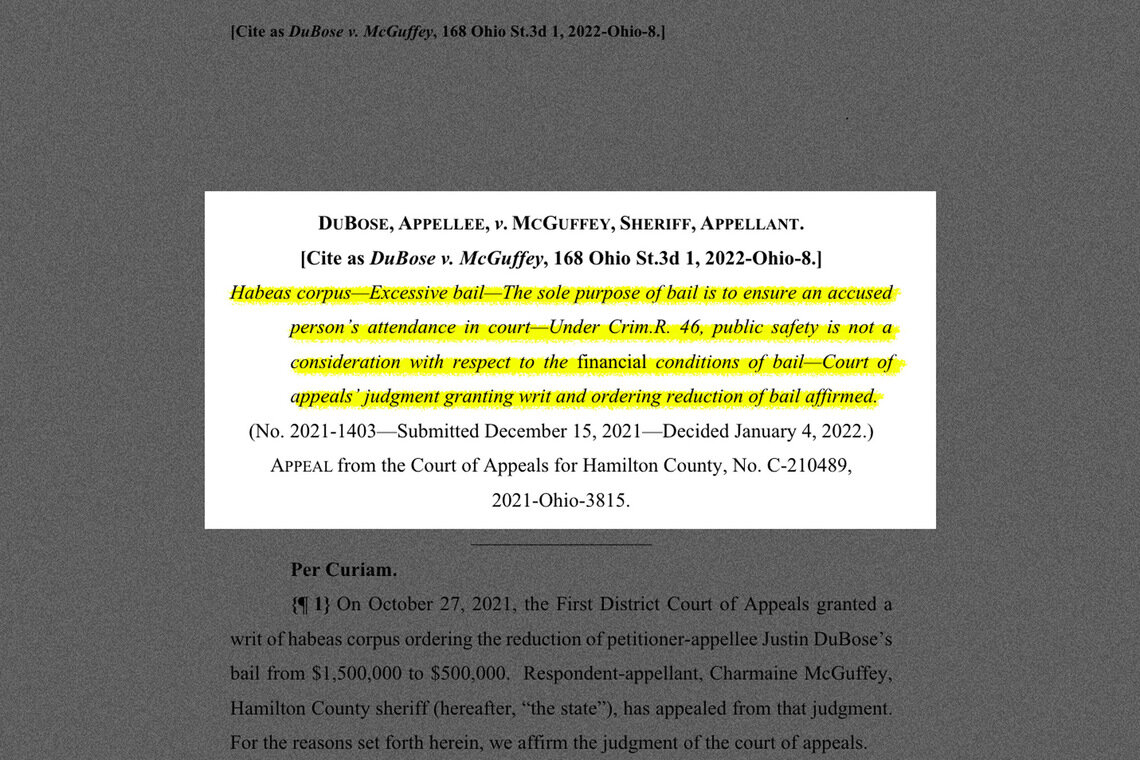A ruling with highlighted text reading: “Habeas corpus—Excessive bail—The sole purpose of bail is to ensure an accused person’s attendance in court—Under Crim.R. 46, public safety is not a consideration with respect to the financial conditions of bail—Court of appeals’ judgment granting writ and ordering reduction of bail affirmed.” 