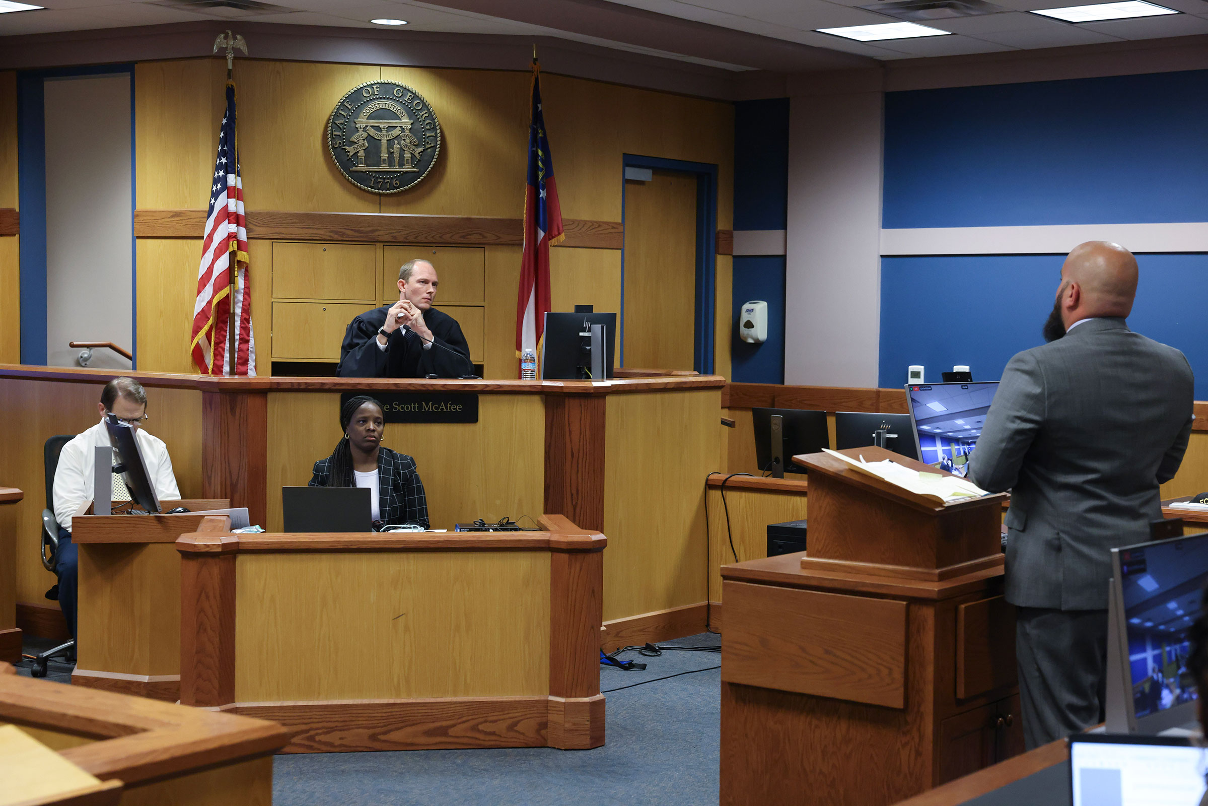 Attorney Scott Grubman, who is defending Ken Chesebro, argues before Fulton County Superior Court Judge Scott McAfee on September 6, 2023, at the Fulton County Courthouse in Atlanta, Georgia.