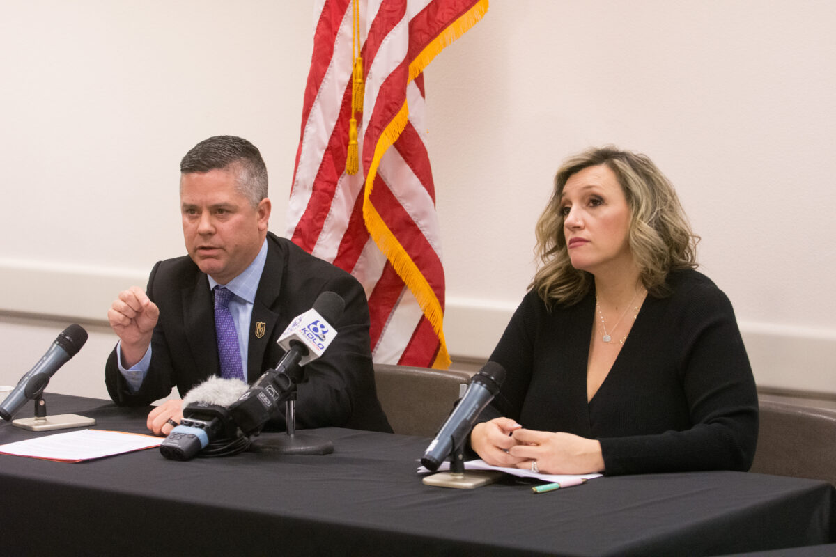 Senate Majority Leader Nicole Cannizzaro and Assembly Speaker Steve Yeager address reporters during a joint press conference focused on major budget bills at the Legislature in Carson City on May 25, 2023. (David Calvert/The Nevada Independent)