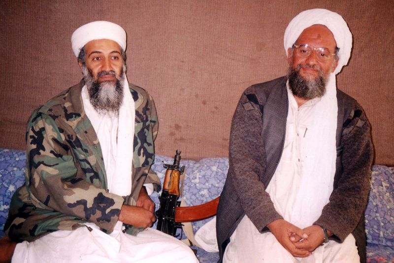 Osama bin Laden (left) sits with his adviser Ayman al-Zawahiri during an interview with Pakistani journalist Hamid Mir at an undisclosed location in Afghanistan in a photo published in November 2001.