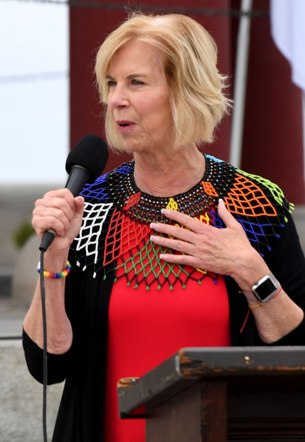 Los Angeles County Supervisor Janice Hahn speaks at the Korean Friendship Bell, during the Juneteenth celebration in San Pedro on June 19, 2023. Hahn's proposal to raise minimum wage for hotel, theme park workers in unincorporated LA County was removed from the Sept. 12, 2023 board agenda. (Photo by Brittany Murray, Press-Telegram/SCNG)