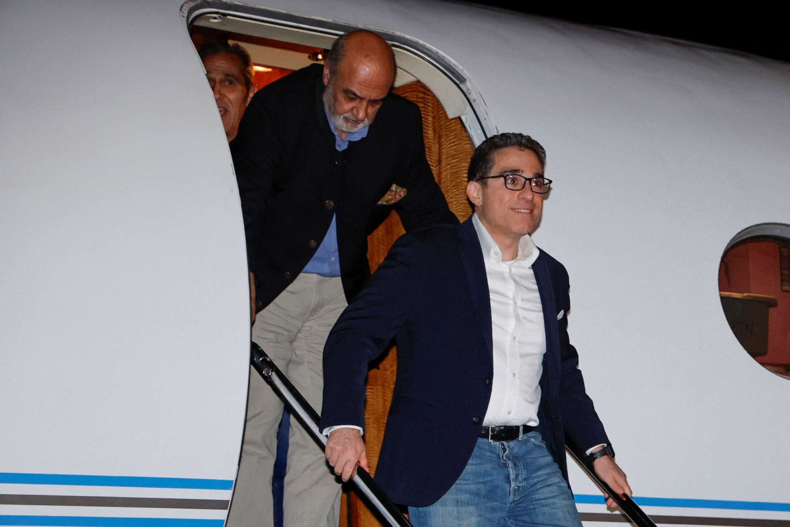 PHOTO: Freed Americans Siamak Namazi, Morad Tahbaz and Emad Shargi as well as two returnees whose names have not yet been released by the U.S. government at Davison Army Airfield at Fort Belvoir, Va., Sept. 19, 2023.