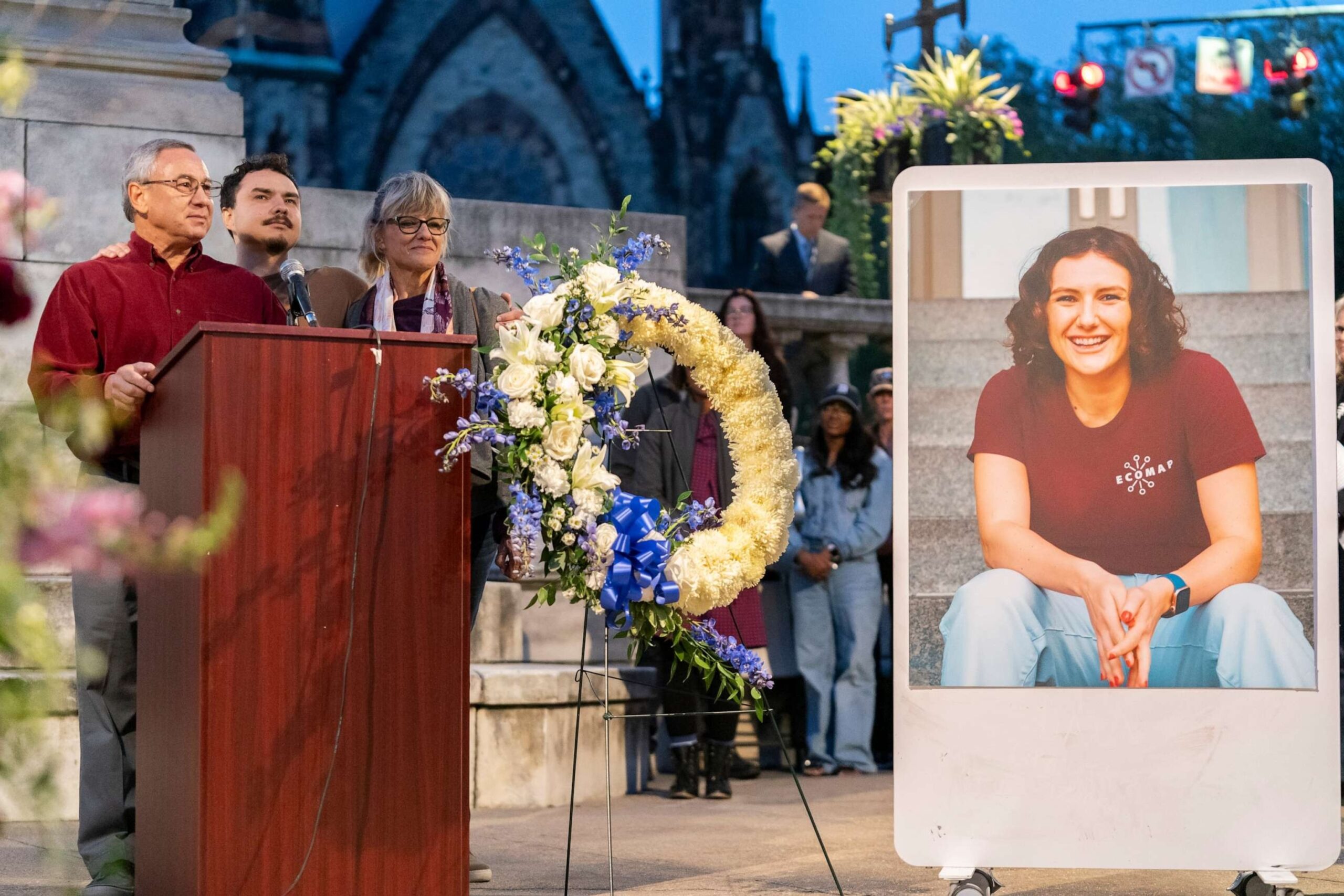 PHOTO: Frank LaPere, Nico LaPere and Caroline Frank, the family of Pava LaPere, founder of tech startup EcoMap Technologies, speak during a vigil on Wednesday, Sept. 27, 2023, in Baltimore.