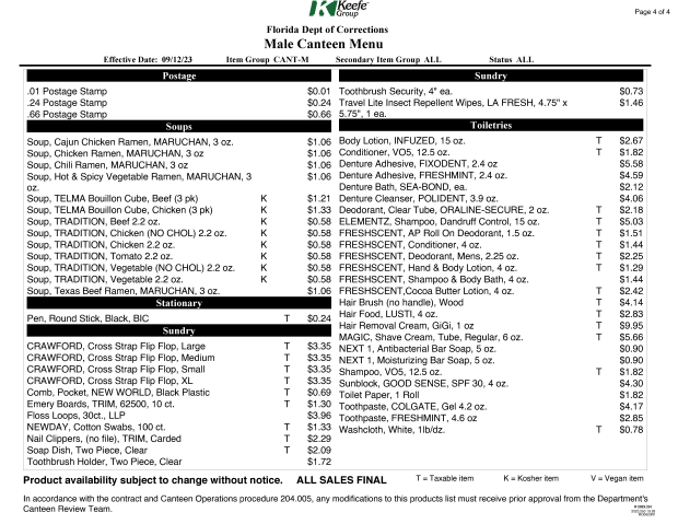 A canteen menu shows the prices charged by Keefe Commissary Network for various items on sale inside Florida prisons. A roll of toilet paper now costs $1.82.