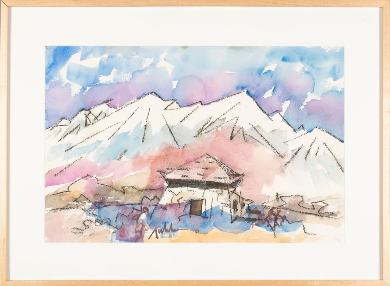 An untitled watercolor produced by artist Henry Fukuhara on the former site of the California camp in which he was incarcerated with his family during World War II.