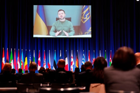 President of Ukraine, Volodymyr Zelenskiy, speaks as he joins via video conference at the Nato parliamentary assembly in Copenhagen.