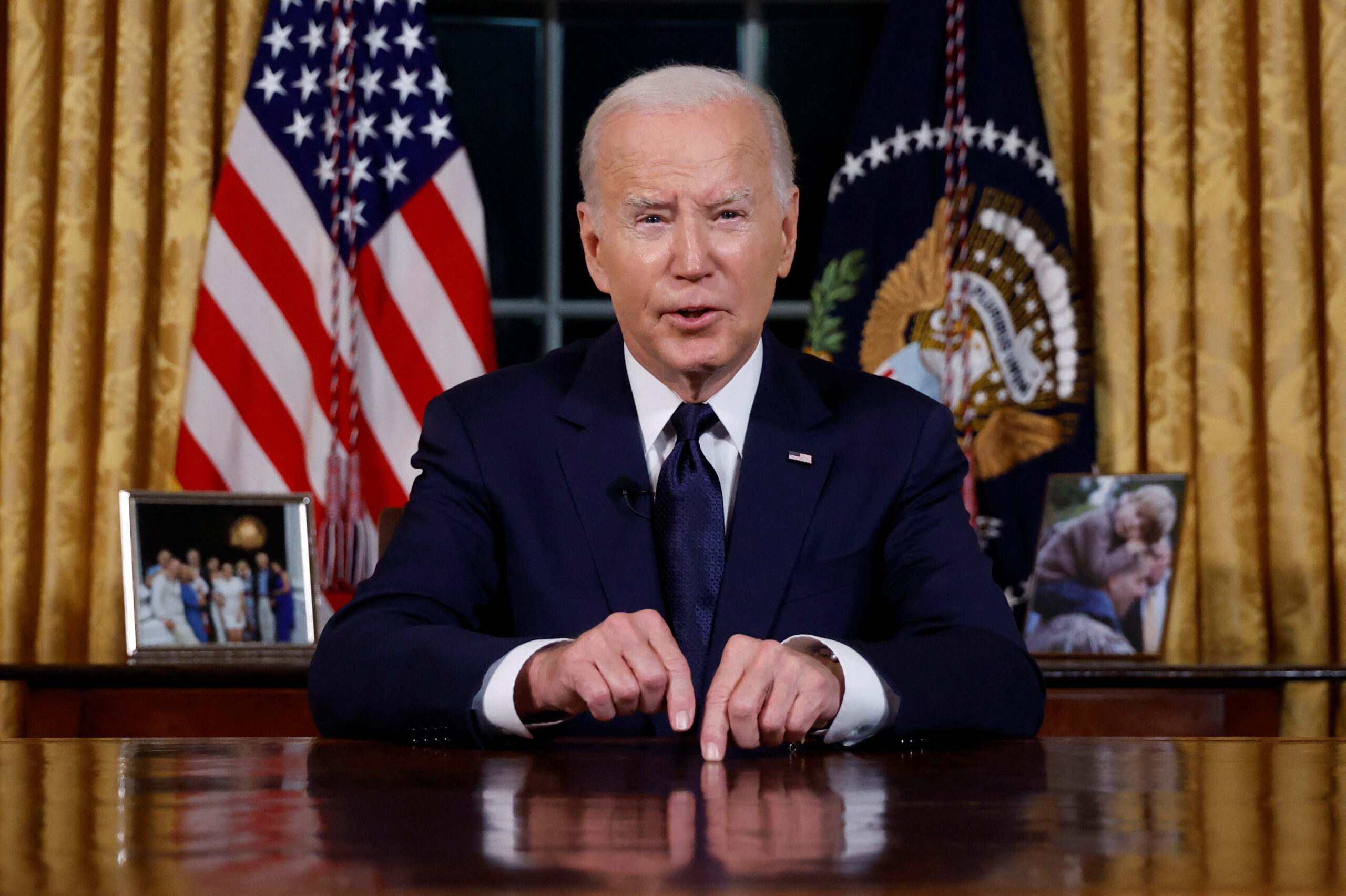 U.S. President Joe Biden delivers an address to the nation from the Oval Office of the White House in Washington