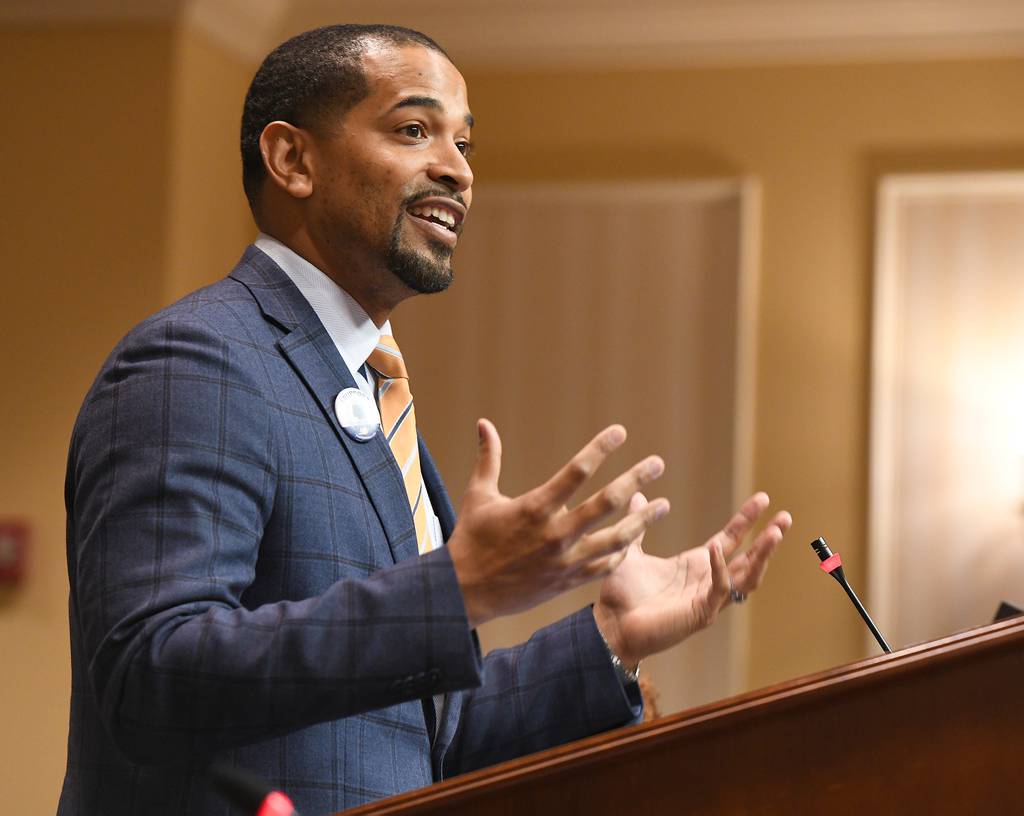 Montgomery County Councilman Will Jawando testifies on behalf of a bill at the General Assembly in Annapolis.