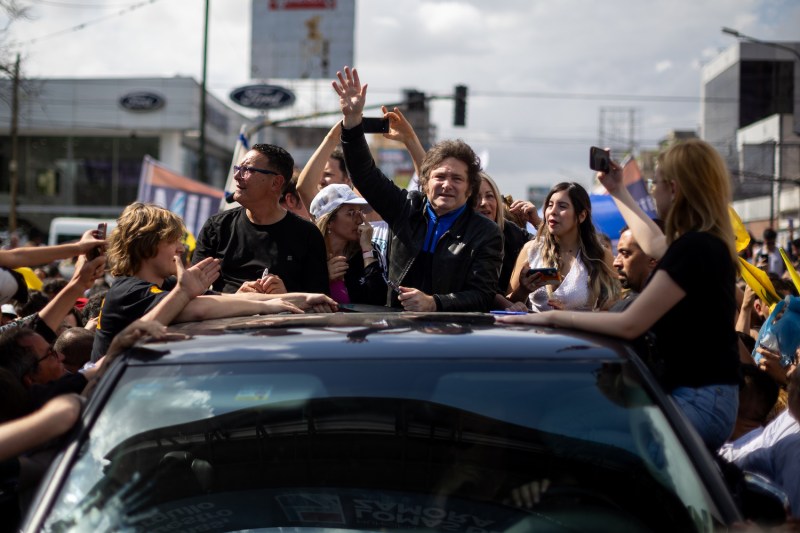 Argentine presidential candidate Javier Milei of La Libertad Avanza speaks to supporters during a rally in Buenos Aires on Oct. 16.