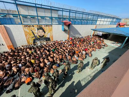 Photograph provided by the Armed Forces of Ecuador. It show prisoners gathered in a patio, during a search at the Litoral penitentiary, in Guayaquil, Ecuador, in July 2023.