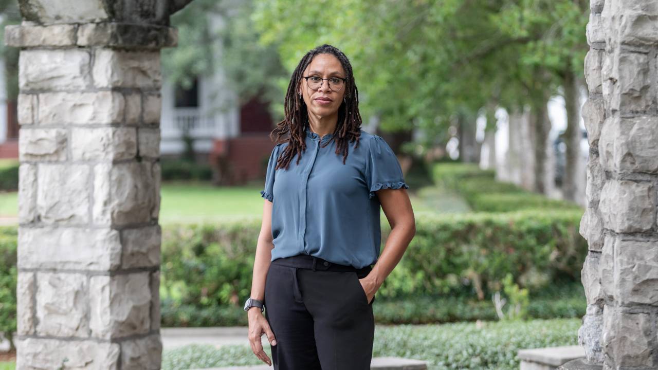 Andrea Armstrong wearing a blue top