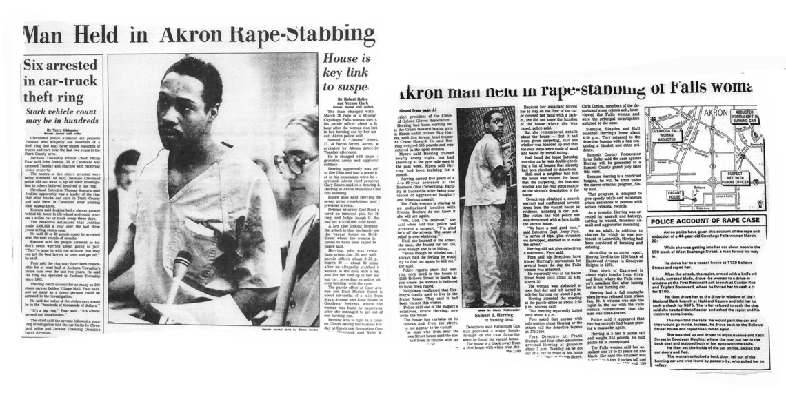 Fragments of newspaper clips show an article from the Akron Beacon Journal reporting on Samuel Herring’s arrest. The headlines read “Man held in Akron rape-stabbing” and “Akron man held in rape-stabbing of Falls woman.”