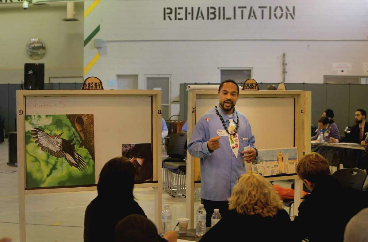 Palmer makes a pitch to a panel for funding of his art career while incarcerated at Solano State Prison in Vacaville in December 2015.