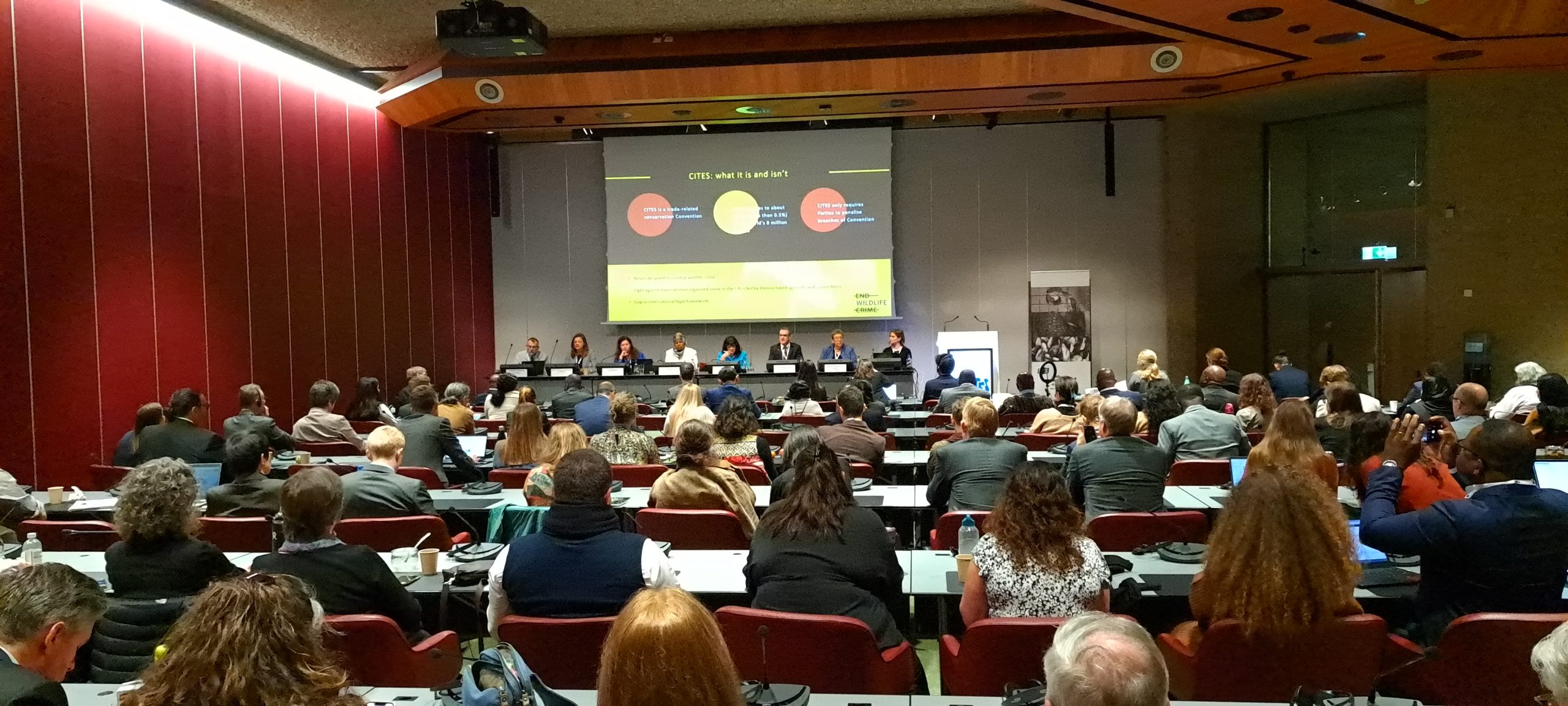 A room full of people sitting at desks, with a panel and large projector screen at the front of the room.