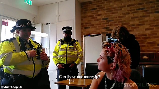 Met Police officers - who politely told Plummer she would have to leave her coffee - were filmed by activists as they arrested her again on Thursday, November 16