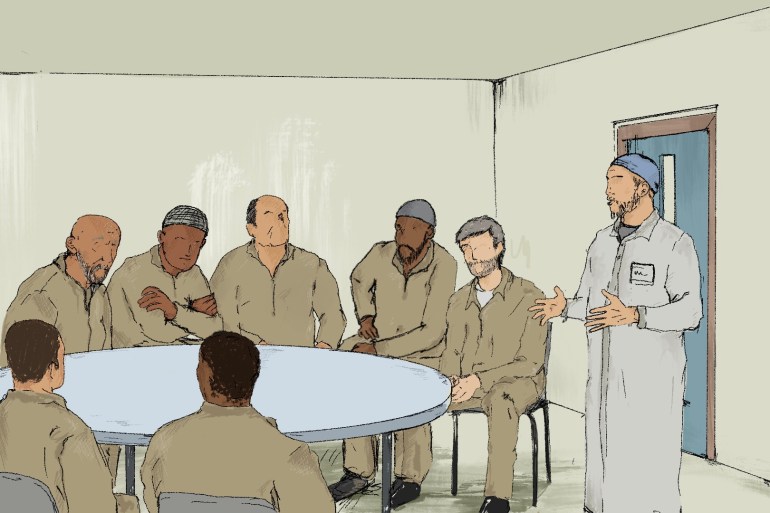 An illustration of someone standing and talking to a round table full of people.