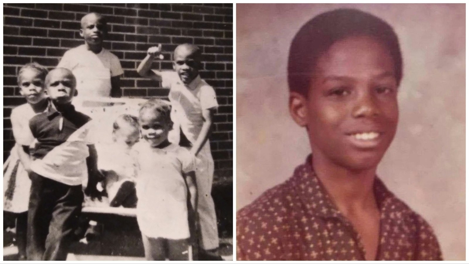 As a child in another life, Clarence Fisher couldn't have known he'd grow up to be in trouble with the law and finally serve a 32-year prison sentence. He's pictured here with his siblings in the 1960s (far back) and at age 10, right.
