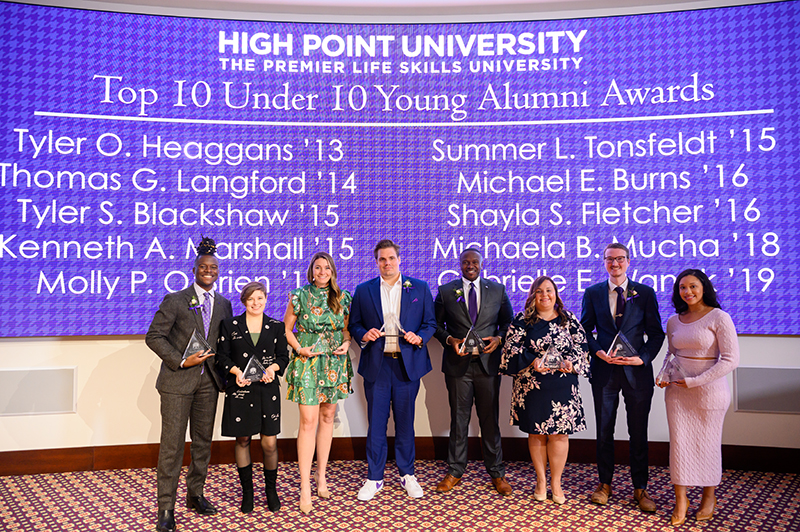 Each year, HPU honors 10 outstanding alumni who graduated within the last 10 years. Pictured from left are Kenneth Marshall, Gabrielle Wanek, Molly O’Brien, Tyler Blackshaw, Tyler Heaggans, Michaela Burns, Thomas Langford and Shayla Fletcher. Honored but not pictured are Summer Tonsfeldt and Michaela Mucha.