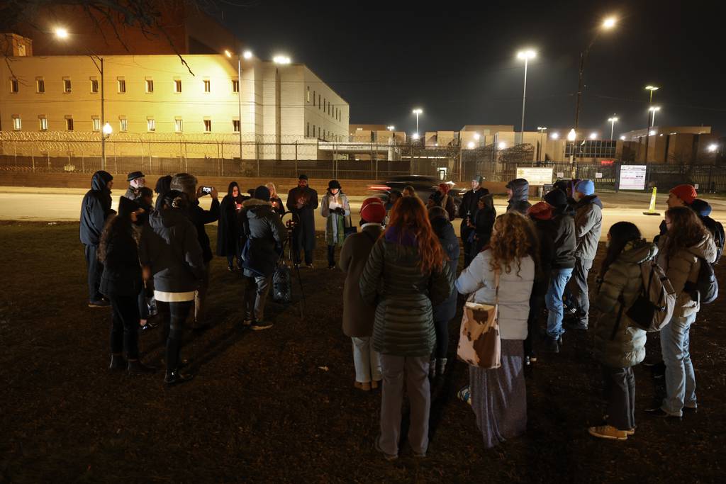 A coalition of clergy and community activists gather to call attention to the deaths of inmates at Cook County Jail, Nov. 29, 2023.