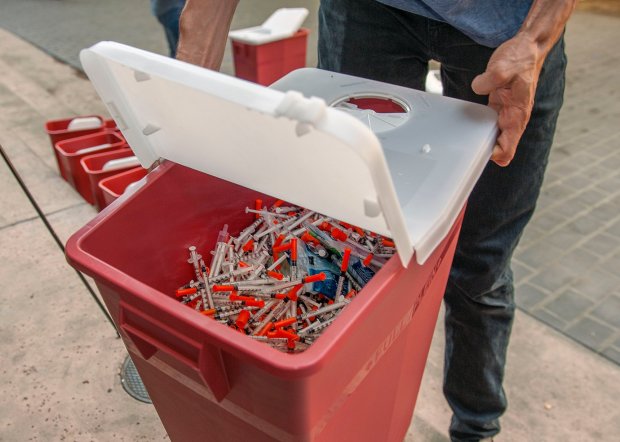 A Sharps container used during a weekly Orange County Needle Exchange Program that was previously held in Santa Ana before being halt. The group wants to start a new mobile exchange but local leaders worry about littering of used needles. (Register file photo)