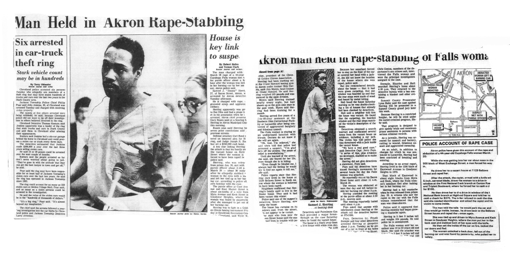 Fragments of newspaper clips show an article from the Akron Beacon Journal reporting on Samuel Herring’s arrest. The headlines read “Man held in Akron rape-stabbing” and “Akron man held in rape-stabbing of Falls woman.”