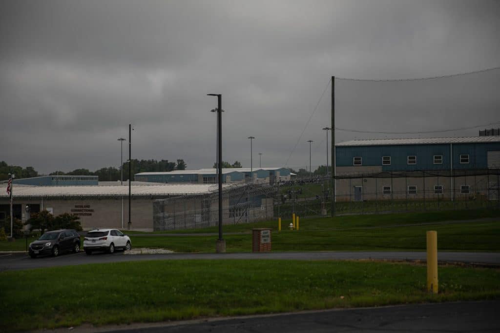 A view of the exterior of the Richland Correctional Institution on a cloudy day.