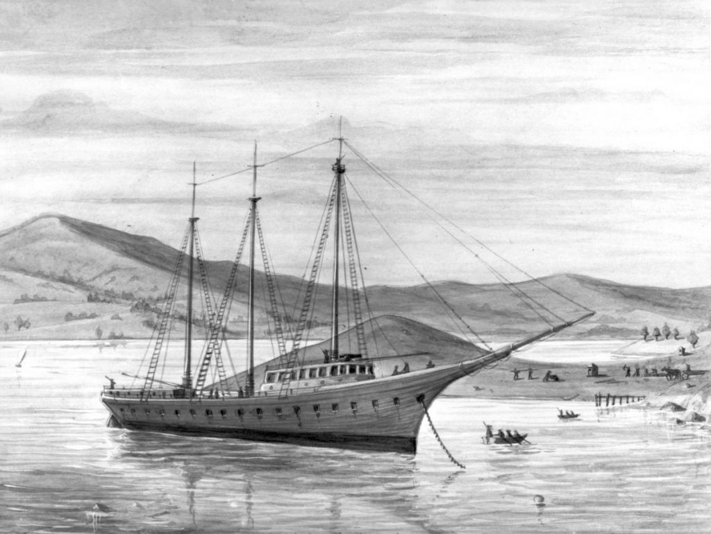 California prison ship Waban at point San Quentin at Corte Madera. The drawing shows people working on the shore.