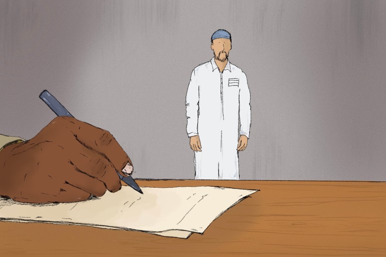 An illustration of a man standing in the back with someone writing something down on a table in front of them.