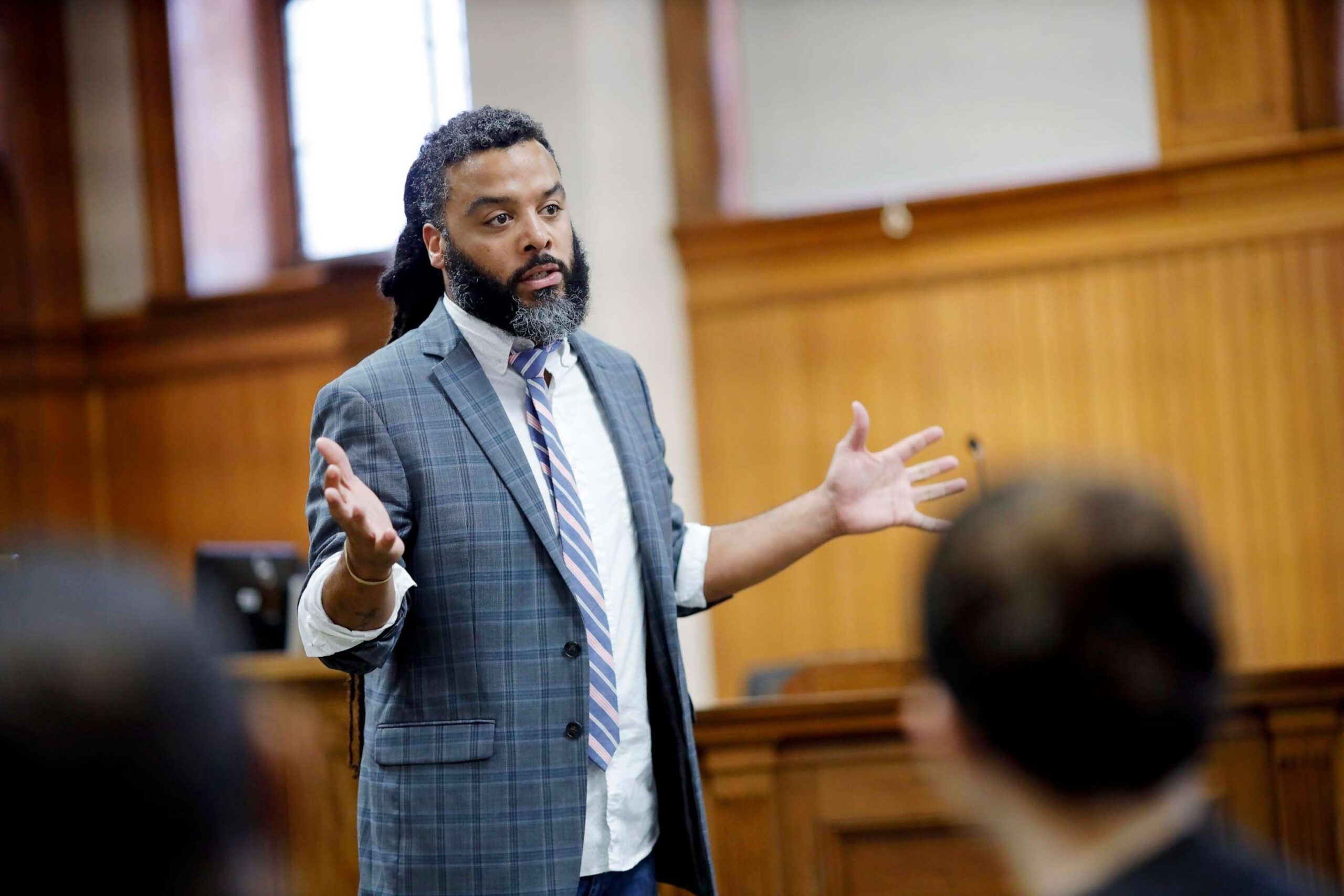 PHOTO: Adam Foss speaks with probation and court employees as well as members of the legal and law enforcement community at the Berkshire Probate & Family Court in Pittsfield, Mass., Oct. 30, 2019.