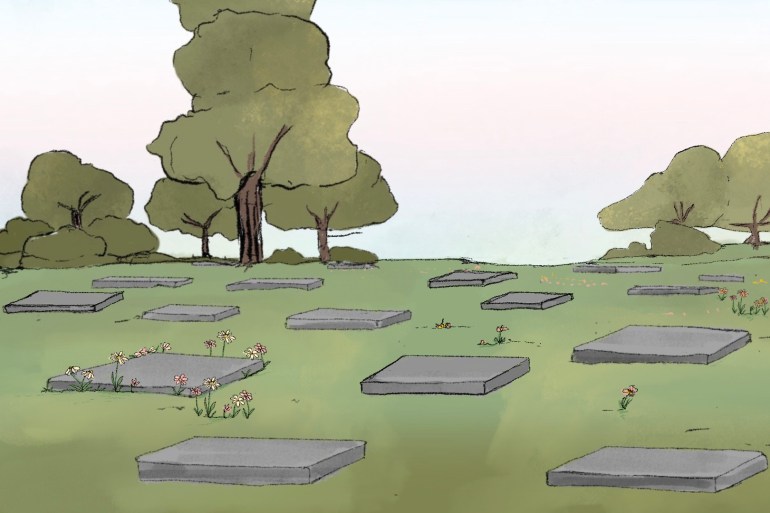 An illustration of tombstones