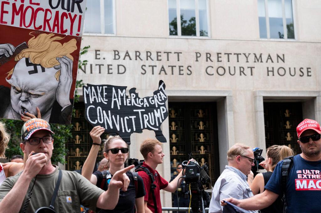 Protesters shout pro-Trump slogans in front of the E. Barrett Prettyman United States Courthouse in Washington, DC, US, on August 3, 2023.