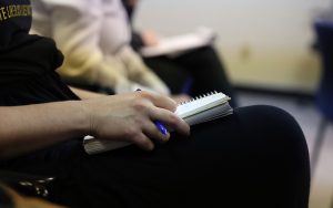 Karen Olson prepares to take notes during April Sponsel’s disciplinary hearing on Oct. 23, 2023. Olson is part of Mass Liberation Arizona, a watchdog group that focuses on the criminal justice system. (Photo by Kevinjonah Paguio/Cronkite News)